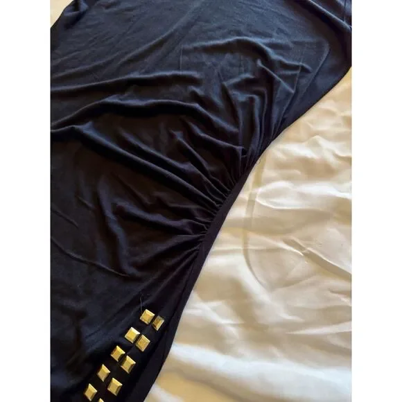 Catherine Malandrino Black Sheath Dress LBD Ruching | Gold Embellishmets Size M - Picture 8 of 14